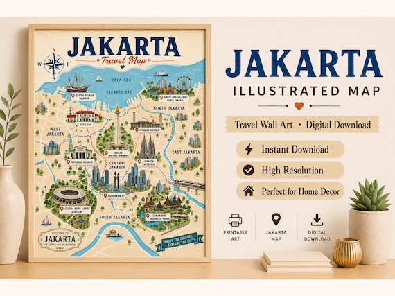 Illustrated Jakarta Travel Map, Indonesia City Landmark Print (Digital Download)