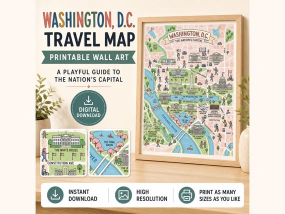 Washington DC Travel Map, Illustrated Landmark Poster, US Capital Art (Digital Download)
