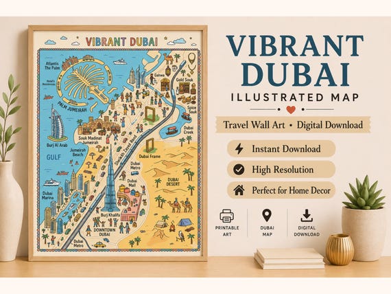 Vibrant Dubai Illustrated Map, UAE Travel Wall Art (Digital Download)