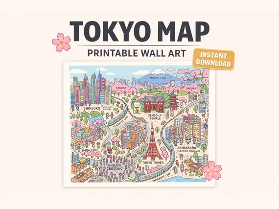 Tokyo Map Illustration, Printable Wall Art, Minimalist Japan Decor (Digital Download)
