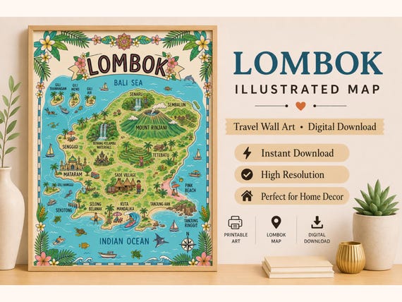 Lombok Illustrated Map, Tropical Travel Wall Art, Indonesia Beach Decor (Digital Download)