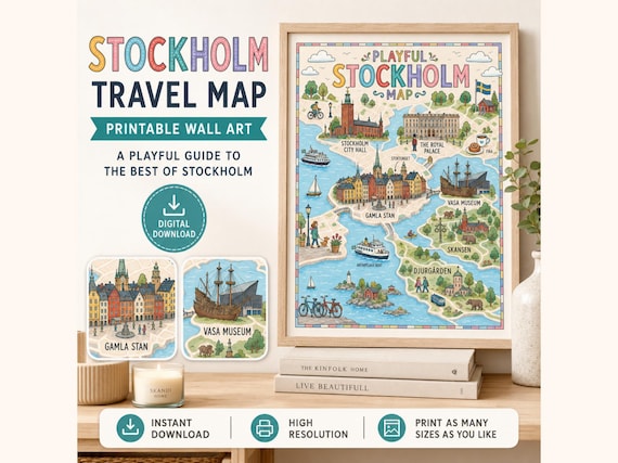 Playful Stockholm Travel Map Print, Scandinavian City Landmark Wall Art (Digital Download)