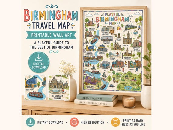 Playful Birmingham Travel Map Print, UK City Landmark Illustration (Digital Download)