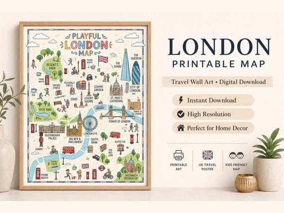 Playful London Map Printable Art, Illustrated City Travel Poster (Digital Download)