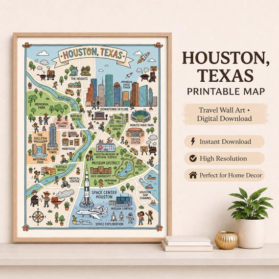 Houston Texas Illustrated Map Art, City Skyline Poster (Digital Download)