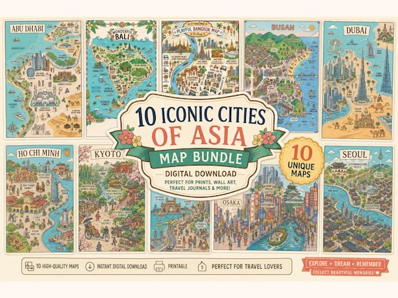 13 Illustrated Asia City Travel Maps Printable