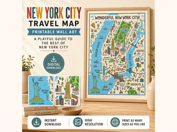New York City Illustrated Travel Map, Playful NYC Landmark Poster (Digital Download)