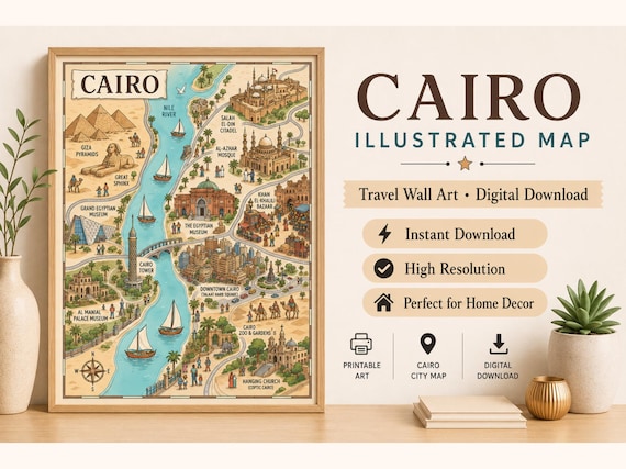 Illustrated Cairo City Map, Egypt Travel Wall Art (Digital Download)