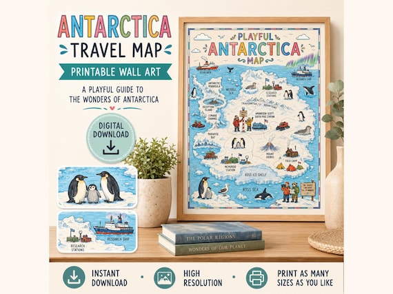 Playful Antarctica Travel Map, Polar Illustration, Kids Room Decor (Digital Download)