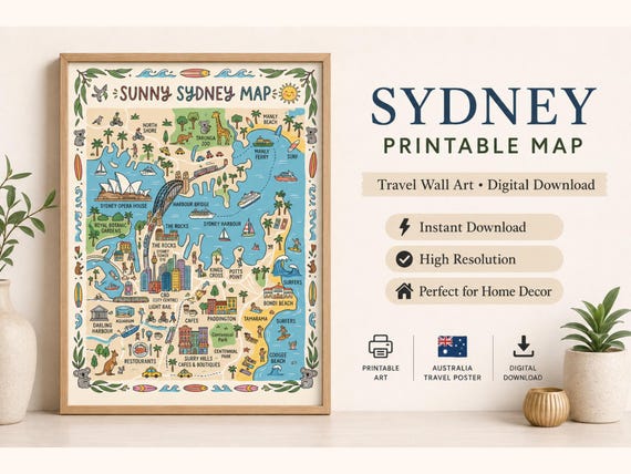 Illustrated Sydney Map Print, Australia Travel Poster, Coastal City Art (Digital Download)