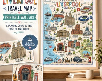 Mapa ilustrado y divertido de Liverpool, decoración de pared para viajes por el Reino Unido (descarga digital)