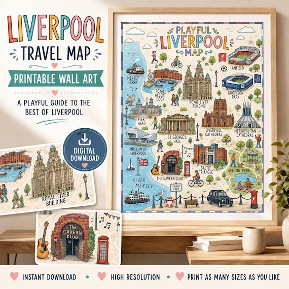 Playful Illustrated Liverpool Map, UK Travel Wall Art (Digital Download)