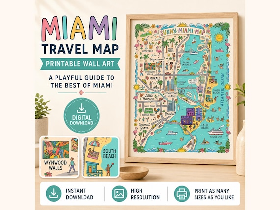 Playful Miami Travel Map Print, Illustrated Florida Landmark Art (Digital Download)