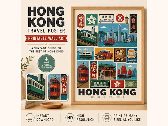 Vintage Hong Kong Travel Poster, Asian City Landmark Art (Digital Download)
