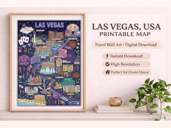 Las Vegas Strip Map Illustration, Nevada Travel Wall Art (Digital Download)