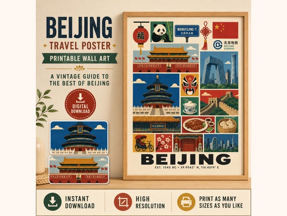 Vintage Beijing Travel Poster, China Landmark Print, City Decor (Digital Download)