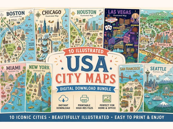 10 Illustrated USA City Maps Bundle | Printable Wall Art (Digital Download)