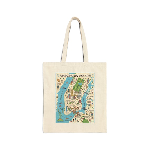 New York City Illustrated Map Tote Bag | 100% Cotton Canvas NYC Bag