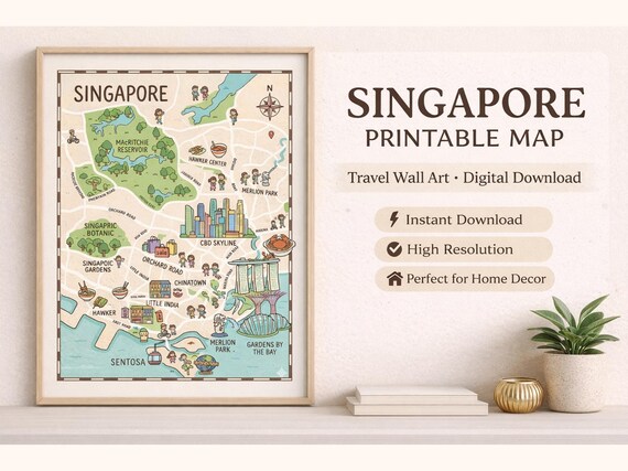 Singapore City Map Illustration, Marina Bay Travel Wall Art (Digital Download)