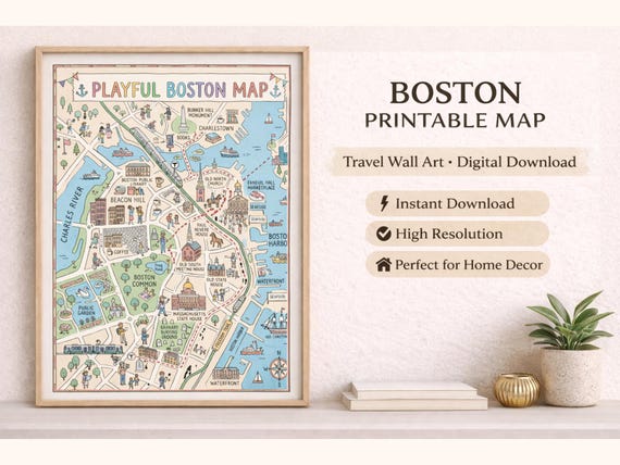 Boston Illustrated Map Print, Minimalist Vintage City Travel Wall Art (Digital Download)