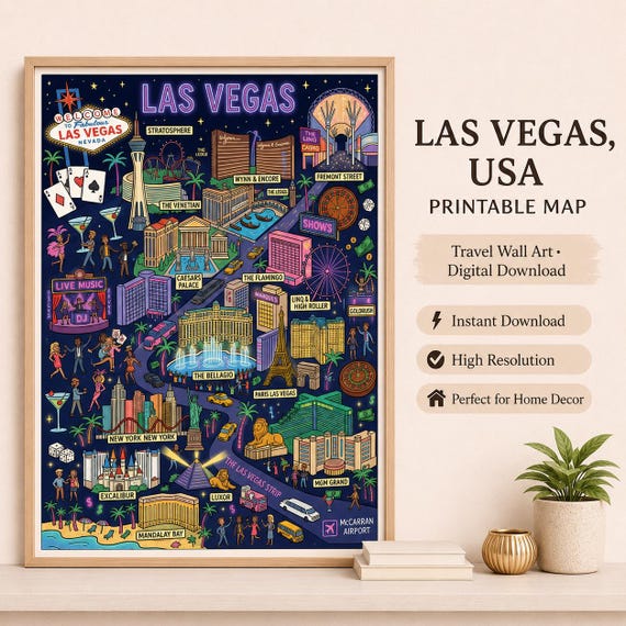 Las Vegas Strip Map Illustration, Nevada Travel Wall Art (Digital Download)