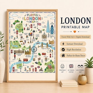 Può includere: Una mappa colorata e incorniciata di Londra con illustrazioni giocose di monumenti come il Big Ben, il London Eye e la Torre di Londra. La mappa include il testo "Playful London Map" e "London Printable Map".