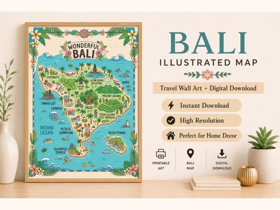 Illustrated Bali Map Print, Tropical Island Travel Art (Digital Download)