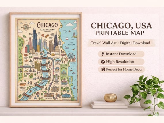 Chicago Illustrated Map Wall Art, City Skyline Poster, Travel Decor (Digital Download)