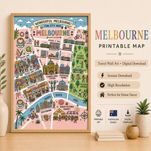 May include: A framed Melbourne printable map with a pink background, featuring illustrations of landmarks, trams, and people. The map includes text that reads "Wonderful Melbourne! Fun City Map" and "Melbourne Printable Map."