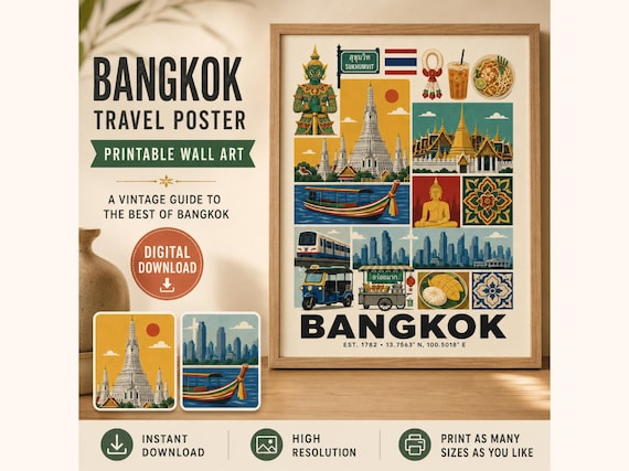 Bangkok Travel Poster, Vintage Thailand Landmark Print, Thai City Decor (Digital Download)