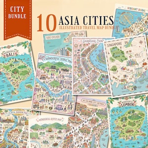 アジアの都市10都市のイラスト入り旅行地図セット | 印刷可能なアジアの壁掛けアート