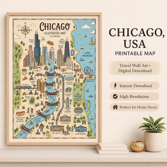 Chicago Illustrated Map Wall Art, City Skyline Poster, Travel Decor (Digital Download)