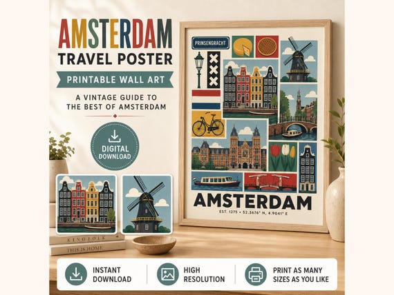 Vintage Amsterdam Travel Poster, Netherlands Landmark Print, City Decor (Digital Download)