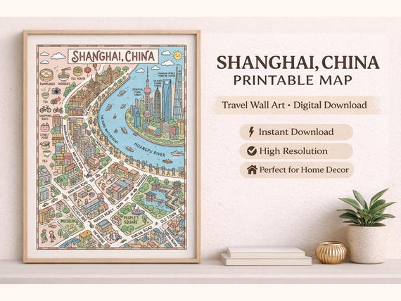 Shanghai China Illustrated Map Print, Bund Skyline Travel Wall Art (Digital Download)