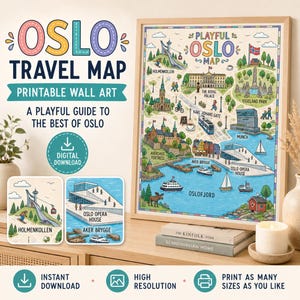 May include: A framed "Oslo Travel Map" print with a playful illustrated design. The map features landmarks like Holmenkollen, the Royal Palace, and Oslo Opera House. The text includes "Printable Wall Art" and "Digital Download."
