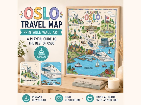 Playful Oslo Travel Map Print, Scandinavian City Landmark Illustration (Digital Download)