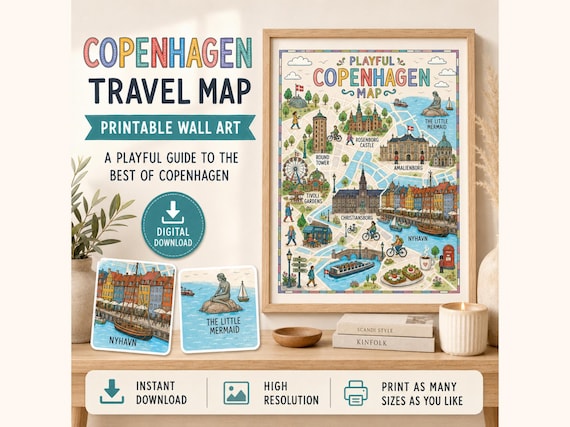 Playful Copenhagen Travel Map Print, Illustrated City Landmarks (Digital Download)