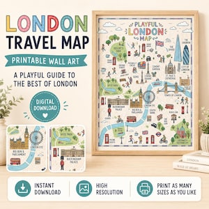 Può includere: Una mappa illustrata incorniciata intitolata Playful London Map che mostra monumenti come il Big Ben, il London Eye e Buckingham Palace. La mappa include icone colorate di parchi, cabine telefoniche rosse e autobus. Testo: London Travel Map.