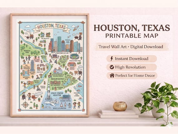 Houston Texas Illustrated Map Art, City Skyline Poster (Digital Download)