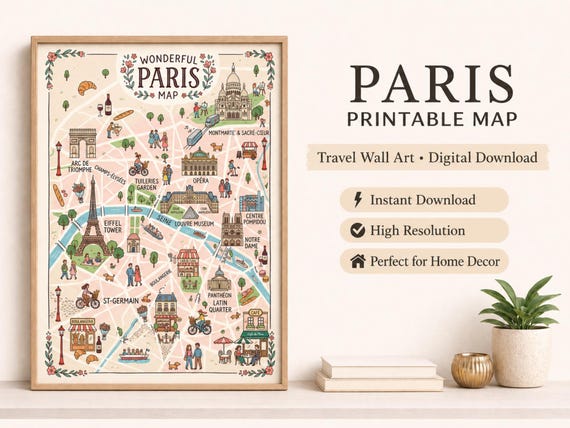 Paris Map Illustration, Whimsical Travel Wall Art (Digital Download)