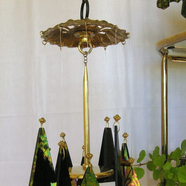 Brass and Black Iridescent Glass Wind Chime