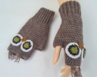 Owl Fingerless Mittens // Crochet Fingerless Gloves // Winter Fashion Accessories