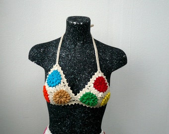 Crochet Top Summer Festival Top Corset Hippie Bustier Knit Sexy Crochet Bra Halter Top  Art Bikini Granny square