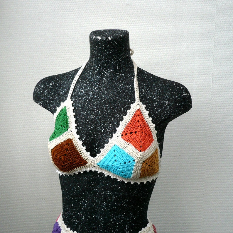 Crochet Top Summer Festival Top Corset Hippie Bustier Knit Sexy Crochet Bra Halter Top Art Bikini Granny square image 1