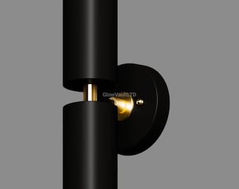 Mid-Century Modern Black and Gold Cylinder Wall Sconce | Minimalist Up Down Light Fixture Contemporary Indoor Wall Lamp Italian Wall Sconce