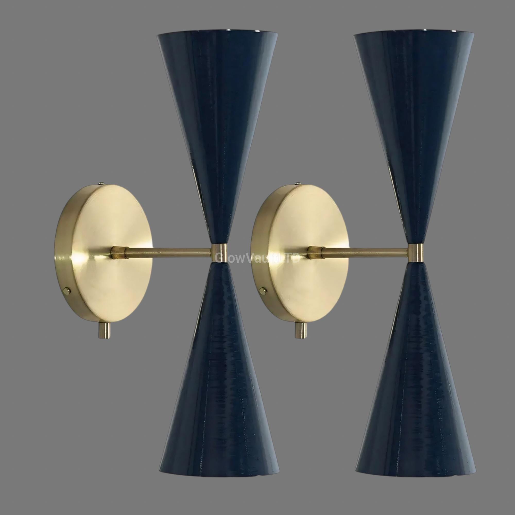 Mid Century Modern Double Cone Wall Sconce – Brass Vintage Style Light Fixture – Retro Wall Lamp for Bedroom, Hallway, or Living Room