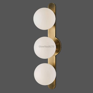 Modern Brass Globe Wall Sconce – 3 Light Vertical Vanity Fixture – Mid Century Modern Bathroom Light – Frosted Glass Globe Wall Lamp
