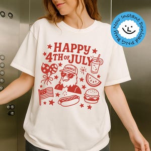 Design di maglietta con simpatici cartoni animati per il 4 luglio, divertente SVG retrò americano, clipart PNG patriottiche, sublimazione digitale per il Giorno dell'Indipendenza