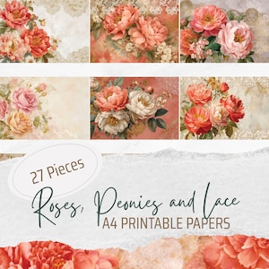 Könnte beinhalten: Ein Set von 27 bedruckbaren A4-Papieren mit Rosen-, Pfingstrosen- und Spitzenmotiven. Die Papiere zeigen Blumenarrangements in Rosa, Pfirsich und Weiß, mit Spitzendetails und einem Vintage-Stil. Der Text lautet "Roses, Peonies and Lace".