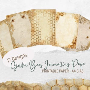 Könnte beinhalten: Eine Sammlung von 17 Designs von Golden Bees Journalling Papier, druckbar in A4 und A5. Das Papier hat einen Vintage-Look mit Bienen- und Wabenmustern in Beige- und Brauntönen.